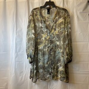 MAGGIE BARNES‎ Sheer Flowy Dress Blouse Womens 3X Floral Pleats 3/4 Loose Sleeve